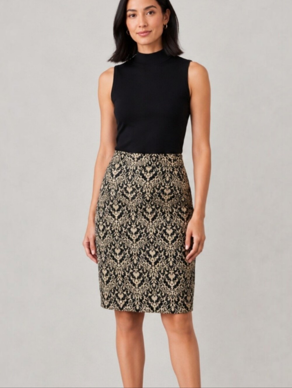 Chico’s Marrakesh Paisley Pencil Skirt Black Tan Knit Size 4 (Chico's 0)